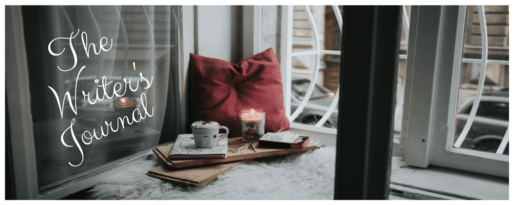 image of cozy window seat with candle pillow drink and text the writer's journal